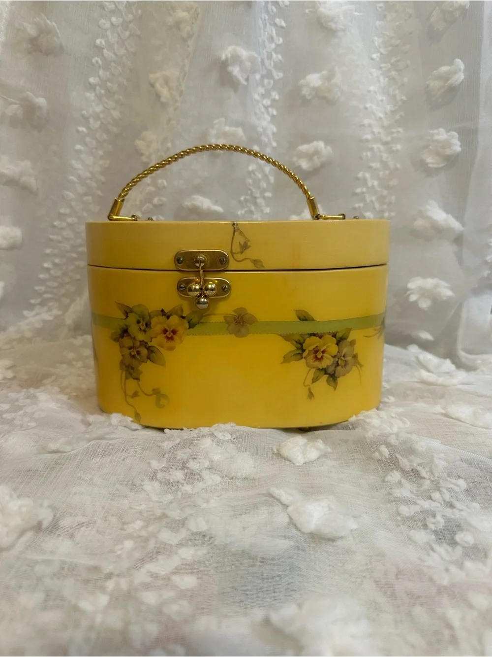 Vintage Yellow/Floral Oval Box purse with Teal Interior